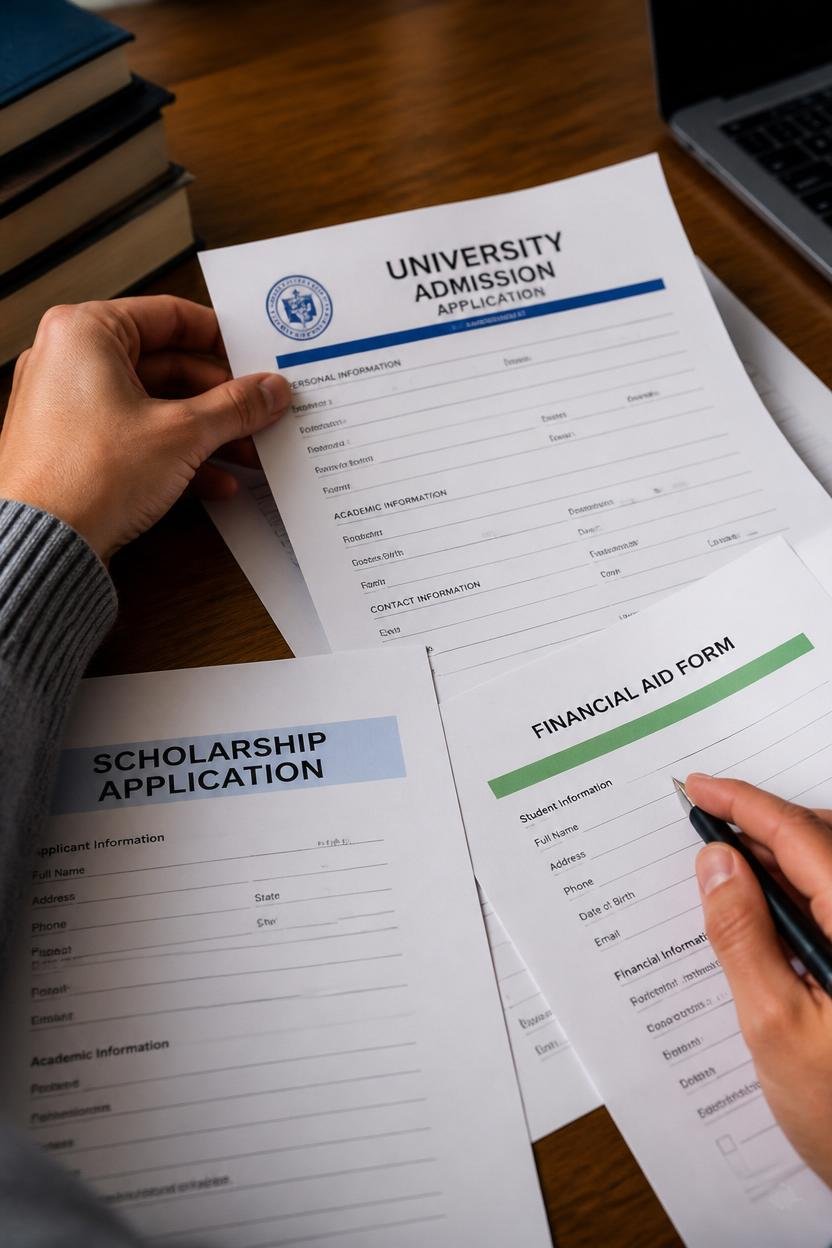 Familia latinoamericana llenando formularios de admisión y becas para universidades en Estados Unidos