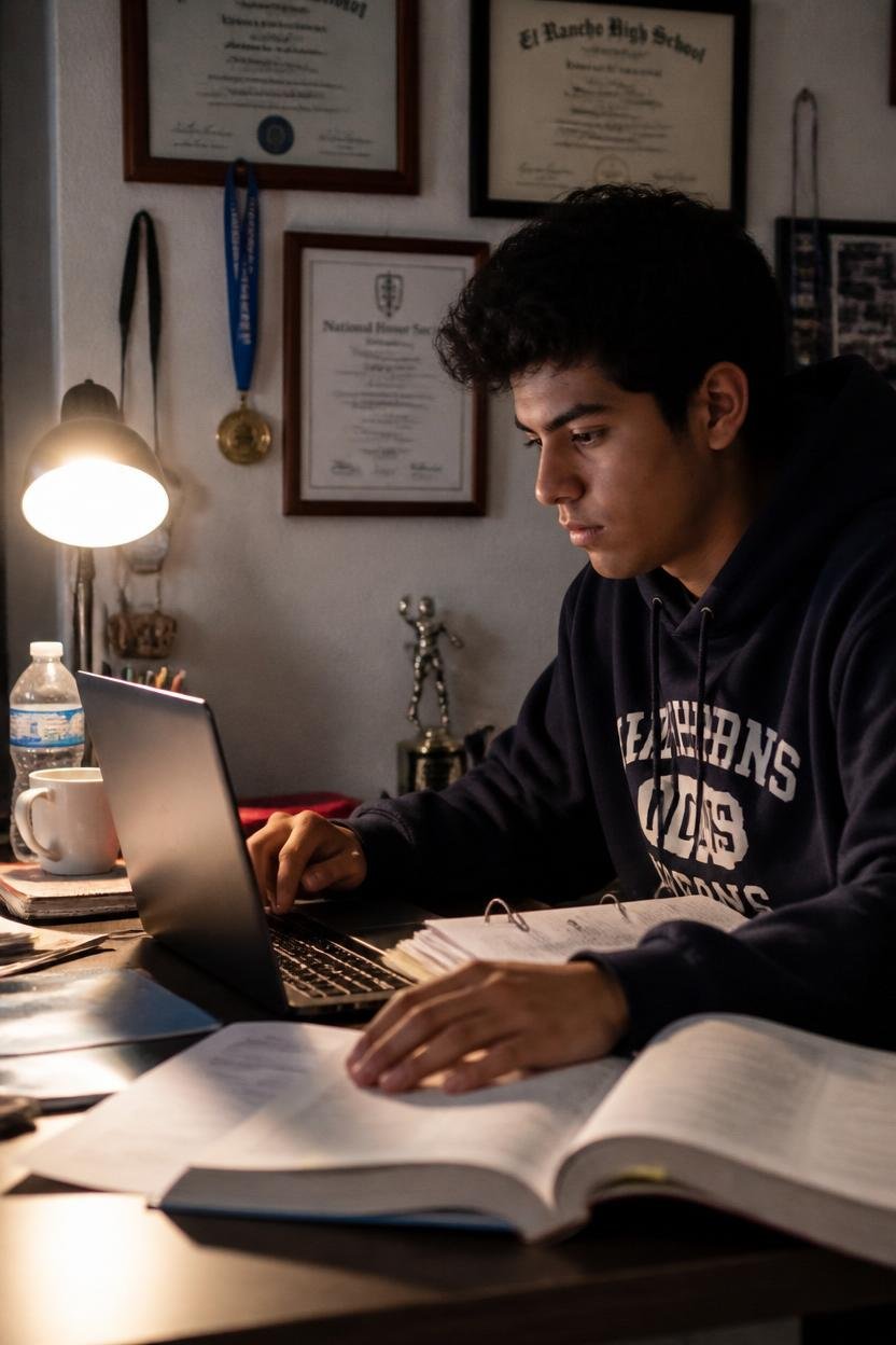 Estudiante latinoamericano estudiando en casa para su aplicación a universidades en Estados Unidos